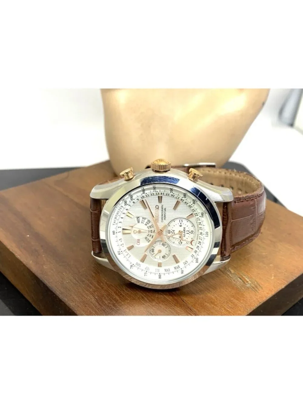 Seiko Men's Watch SRK050 Perpetual Calendar Quartz Brown Leather Band 44mm